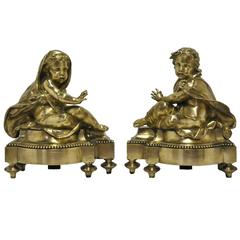 Antique Pair of 18th Century French Louis XVI Bronze Chenets
