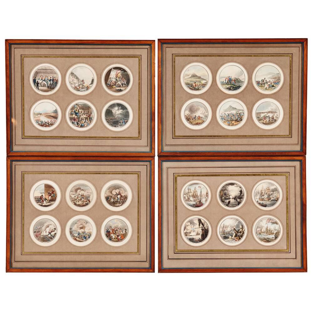 Four Frames of 24 Hand-Colored Engravings Depicting Famous Battles, 19th Century