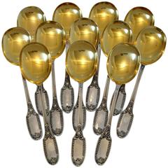 Puiforcat French Sterling Silver Vermeil 18k Ice Cream Spoons Set 12 Pc Swans