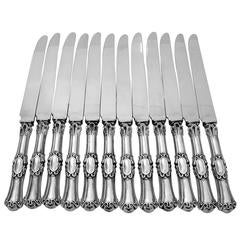 French Sterling Silver Dinner Knife Set 12 Pc Mascarons Stainless Steel Blades