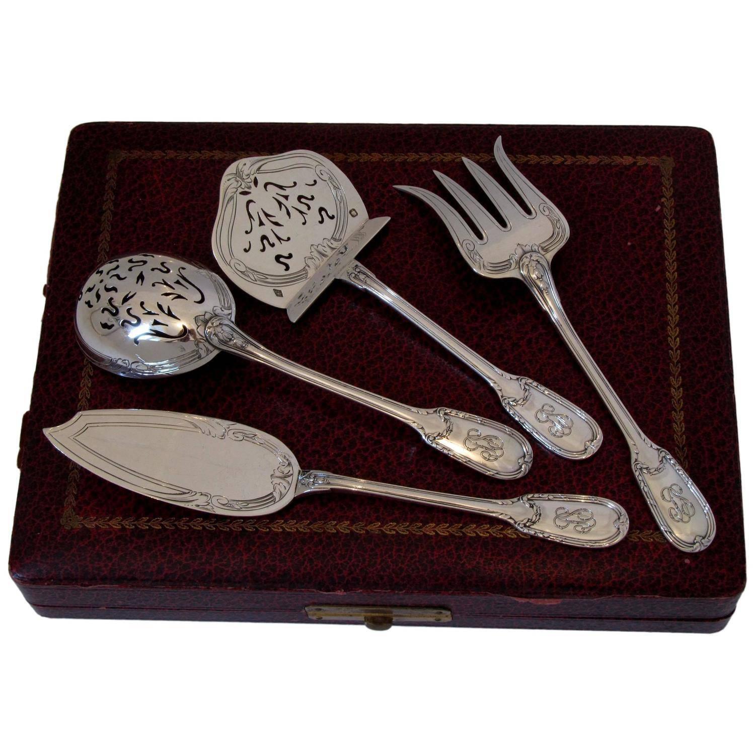 Christofle Rare French All Sterling Silver Dessert Hors D'oeuvre Set Four-Pc Box