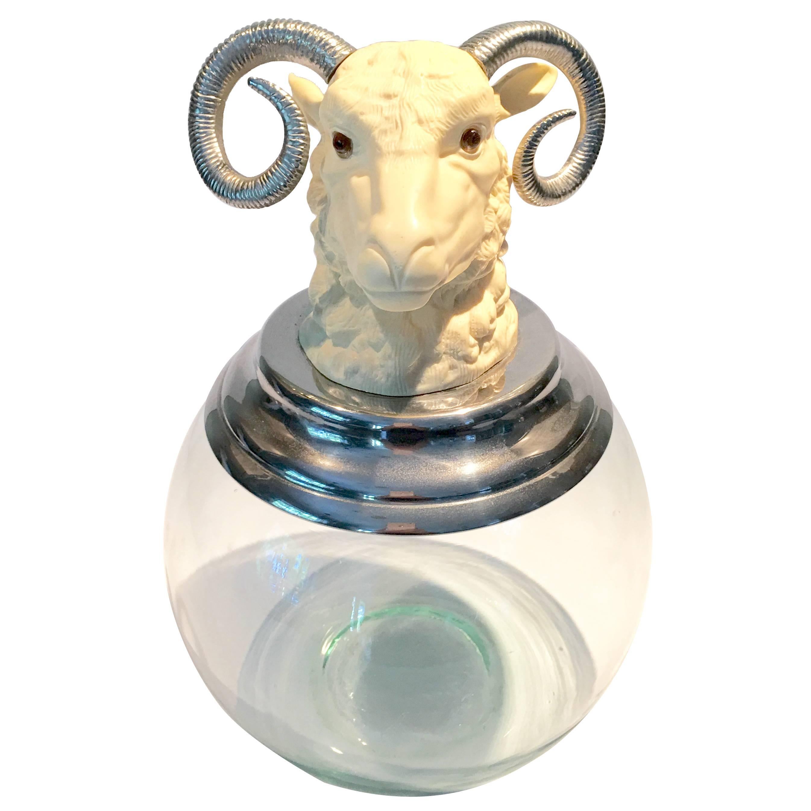 French Rams Head Pewter and Chrome Ink Well Topper