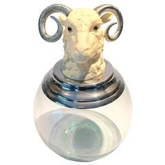 Vintage French Rams Head Pewter and Chrome Ink Well Topper