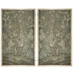 Vintage Pair of Contemporary Wallpaper Panels in Custom Carved Wood Frame