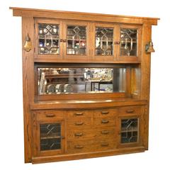 American Arts & Crafts Oak Buffet with Beveled Glass and Sheffield Sconces