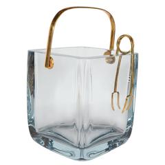 Retro Cartier Glass Ice Bucket or Pail in Sterling with Gilt Handle and Tongs