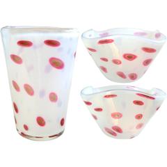 Fratelli Toso Murano Opalescent Pink Spots Italian Art Glass Vase Bowls Set 11