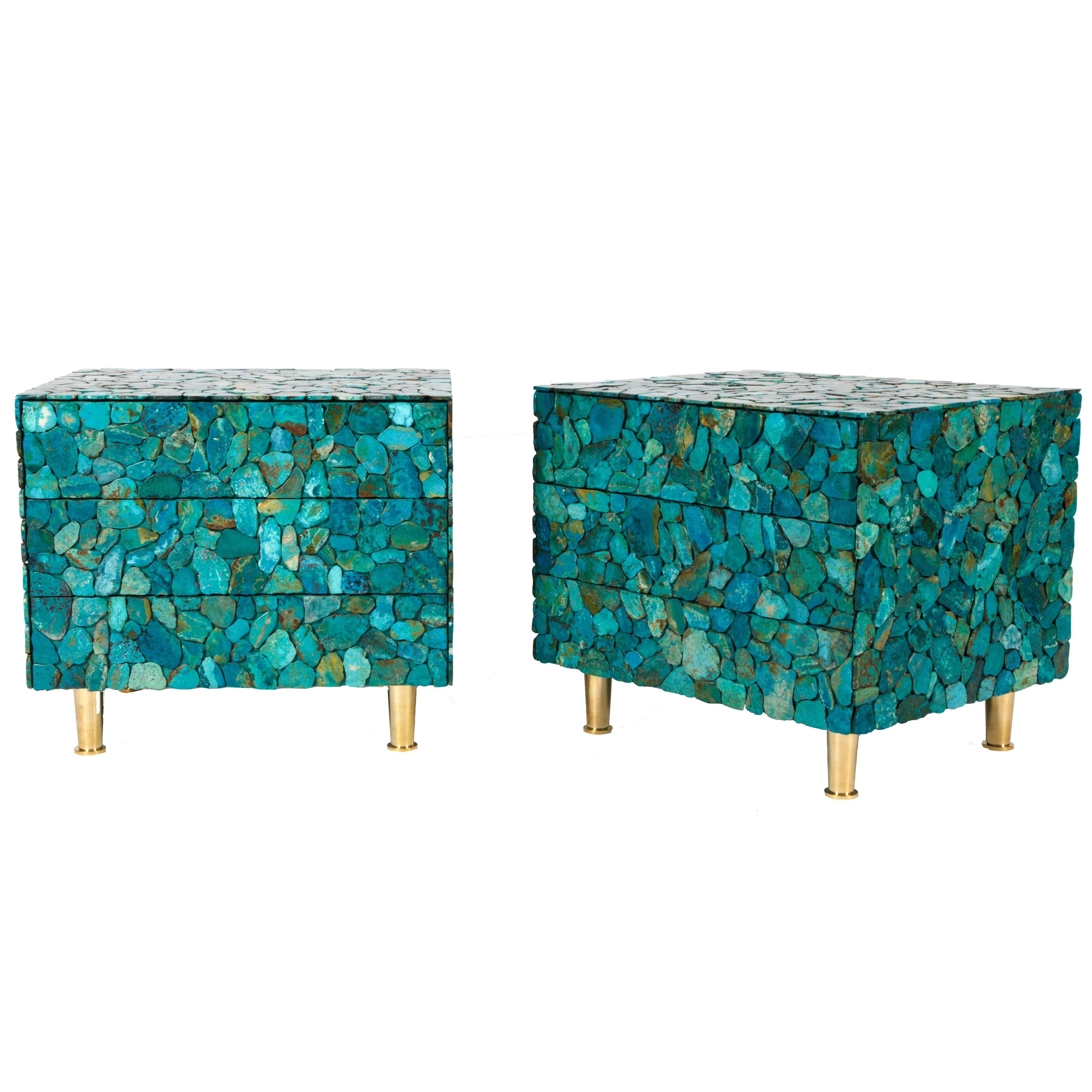 Pair of Turquoise Nightstands by Kam Tin For Sale