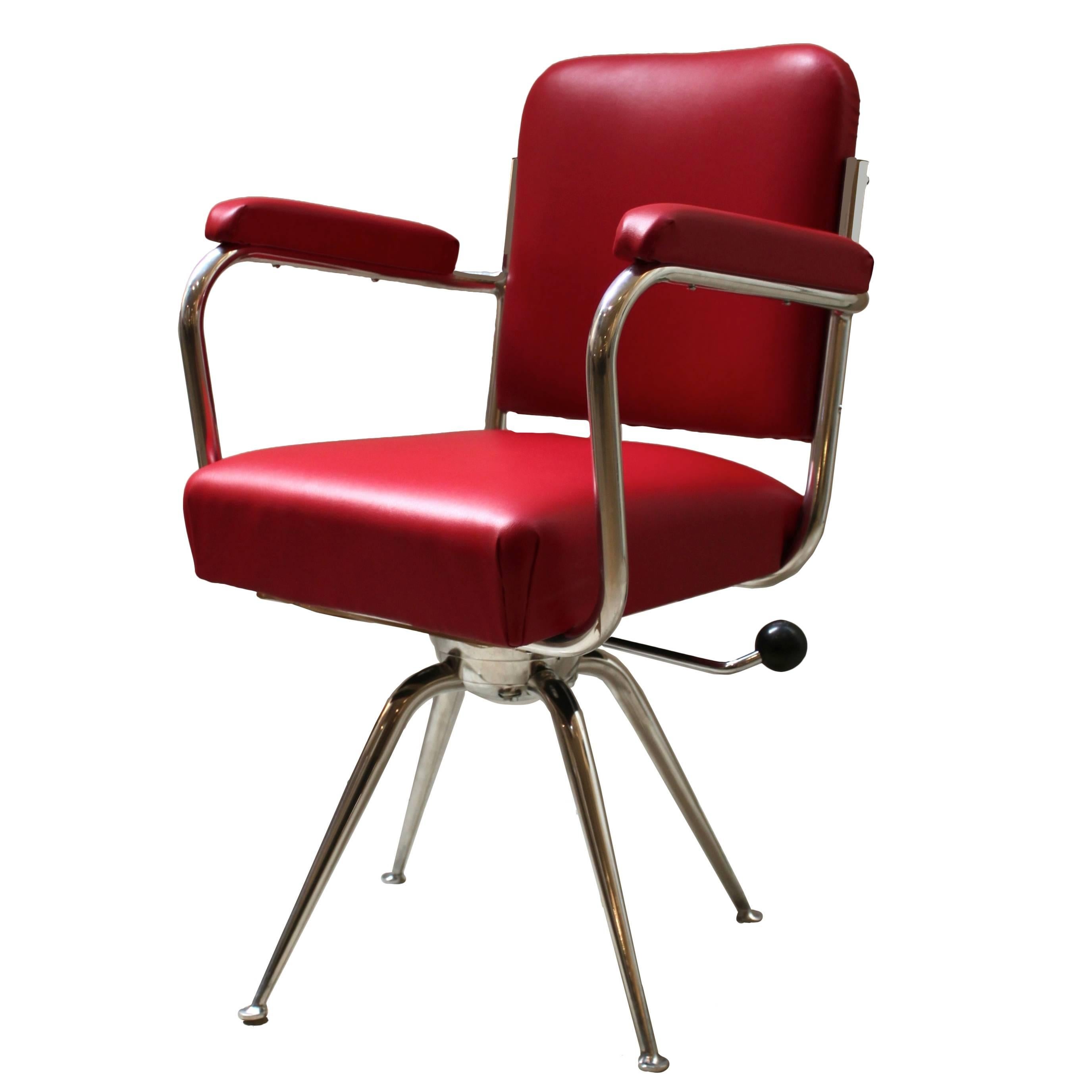 Chrome and Red Leather Desk Chair For Sale