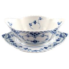 Royal Copenhagen Blue Fluted Full Lace Gravy Boat on Dish