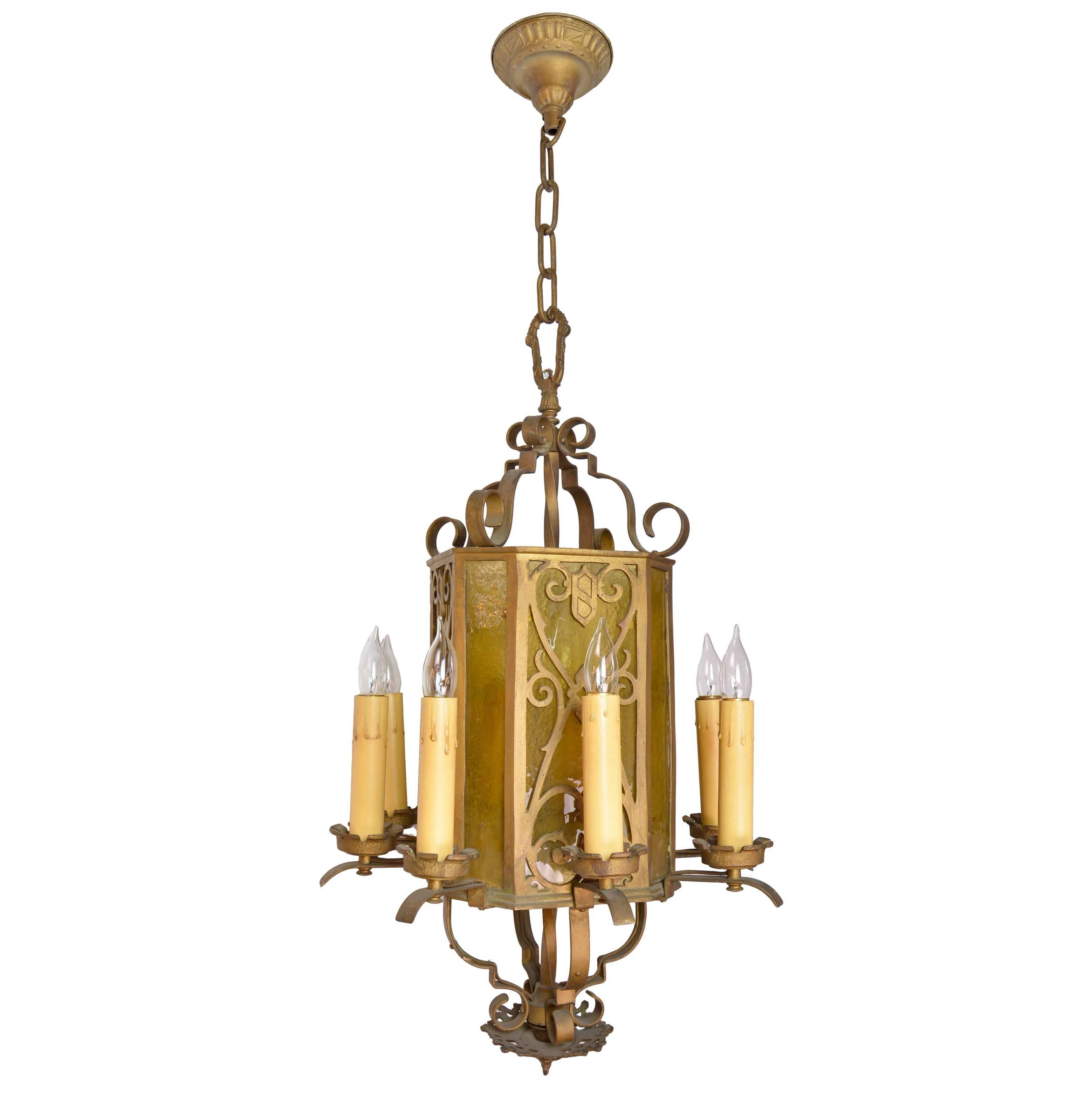 Cast Brass Eight-Candle Chandelier with Yellow Slag Glass For Sale