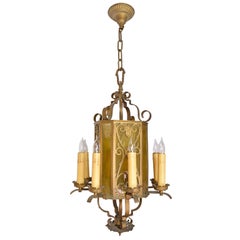 Antique Cast Brass Eight-Candle Chandelier with Yellow Slag Glass