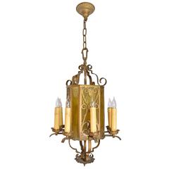 Cast Brass Eight-Candle Chandelier with Yellow Slag Glass 11