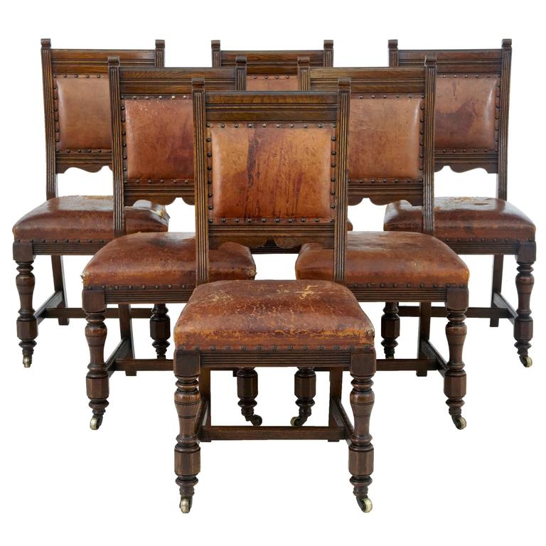 Set of Six 19th Century Carved Oak and Leather Dining Chairs at 1stDibs