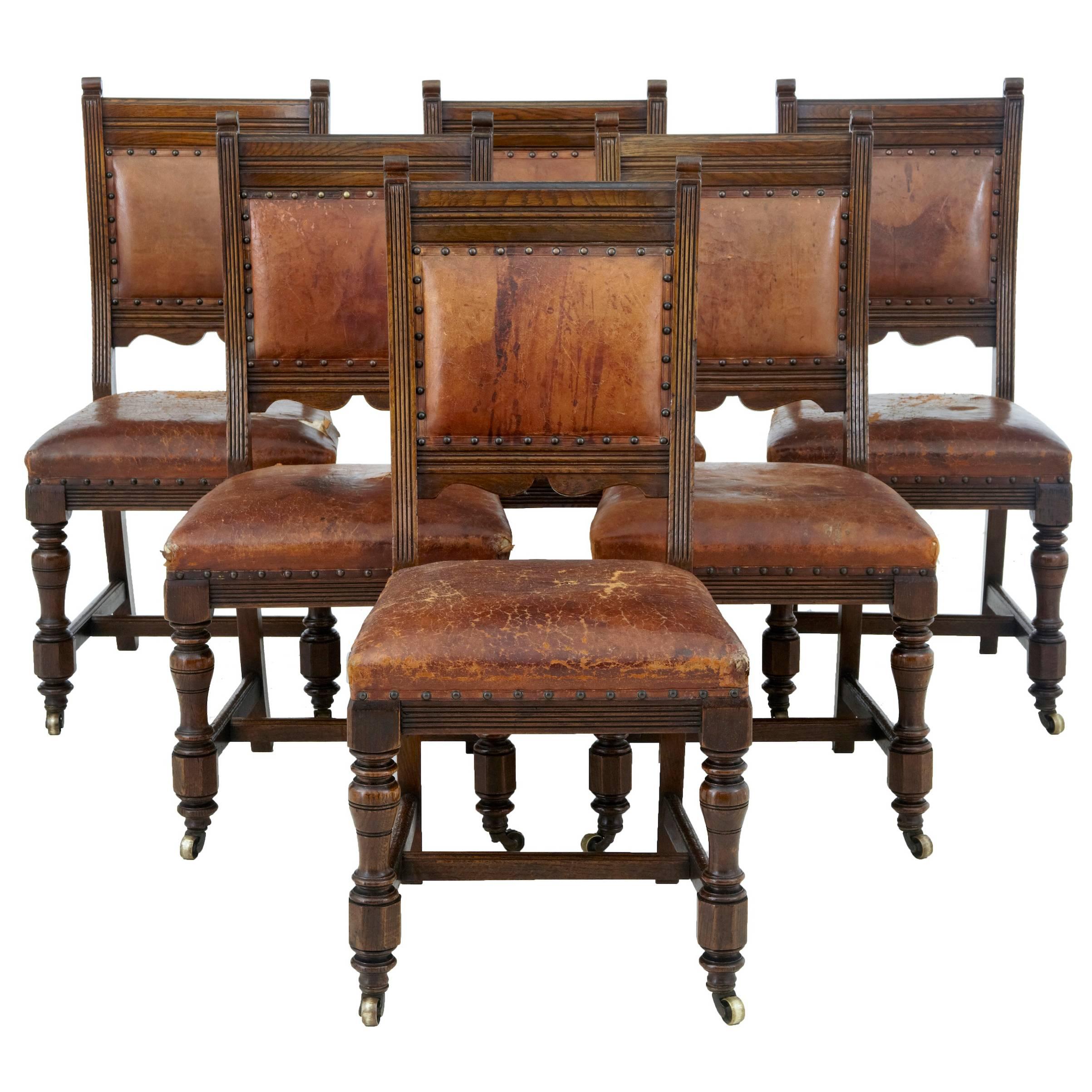 Set of Six 19th Century Carved Oak and Leather Dining Chairs