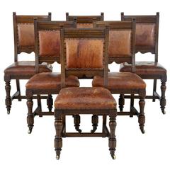Antique Set of Six 19th Century Carved Oak and Leather Dining Chairs
