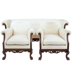 Early 20th Century Chippendale Influenced Three-Piece Suite Sofa Chairs