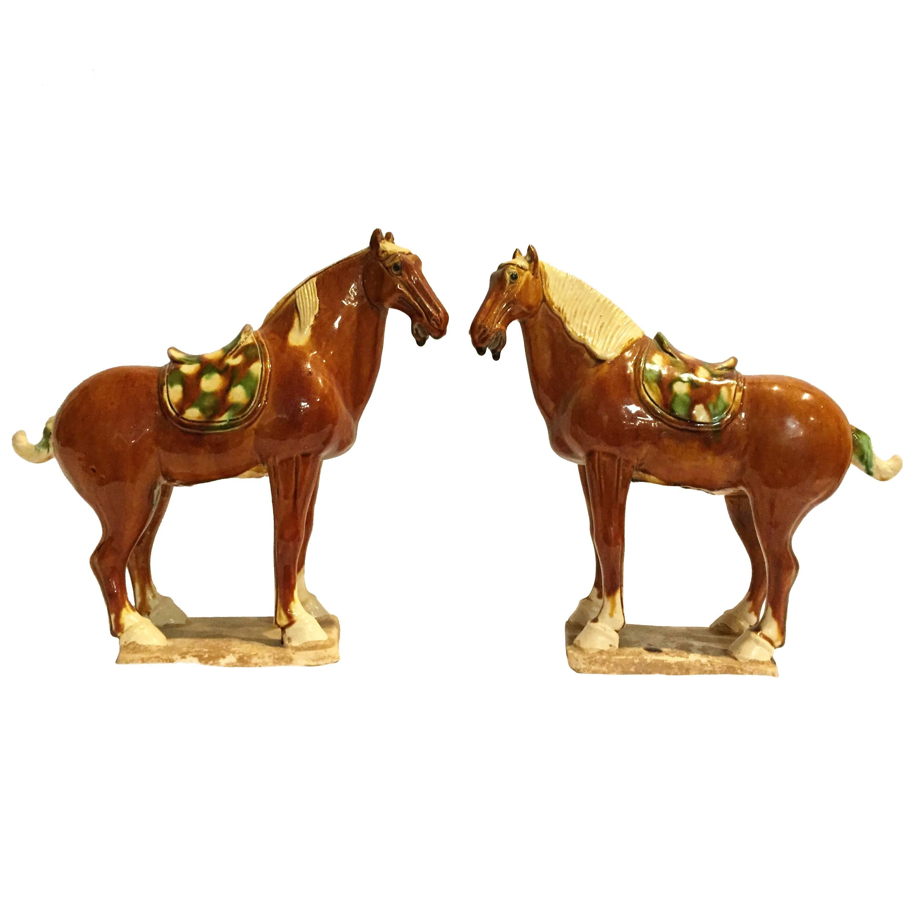 Pair of Chinese Tang San Cai Terracotta Horses For Sale