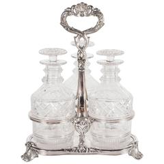 Exquisite Victorian Set of 3 Cut Glass Victorian Decanters in Silverplate Stand