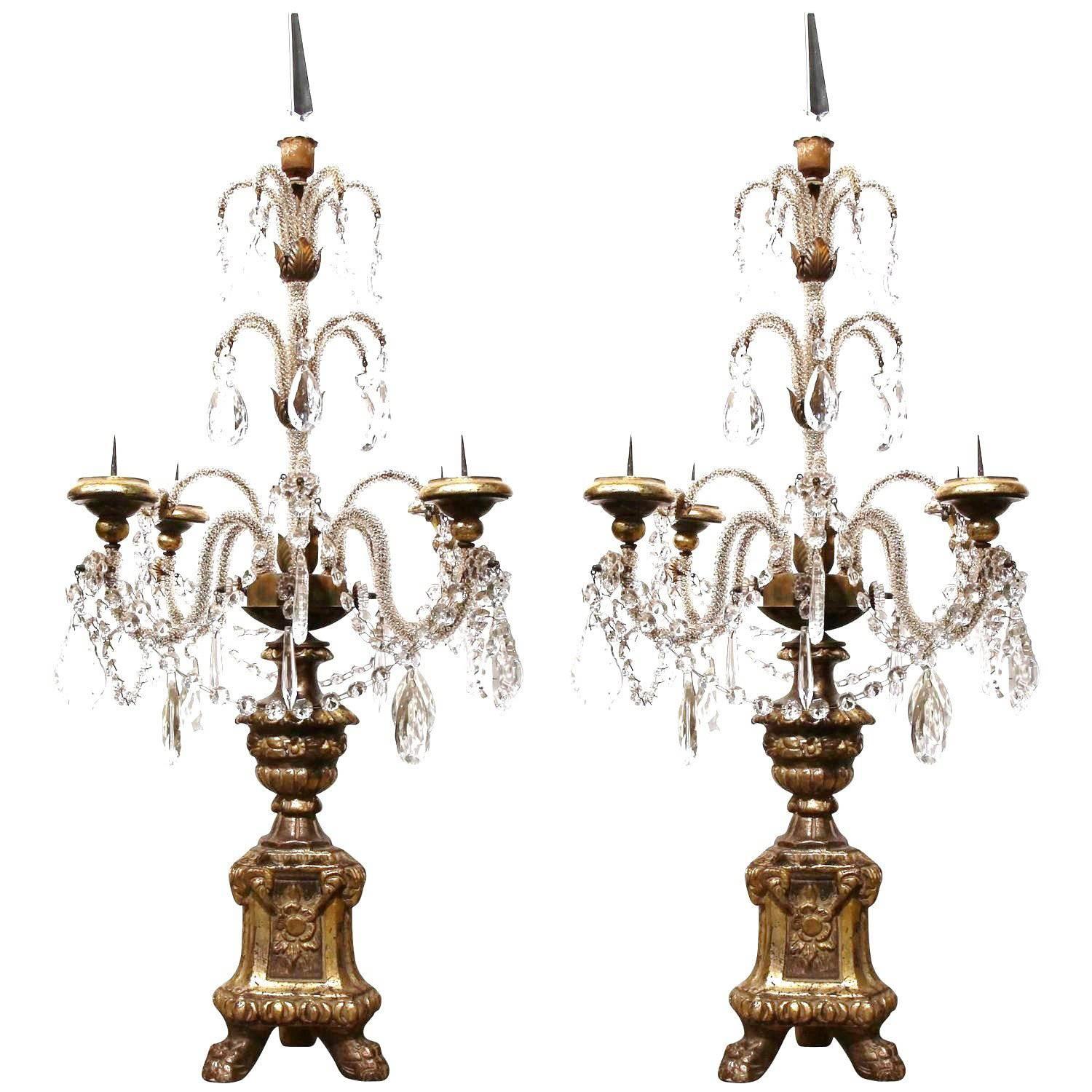 Pair of Early 20th Century Italian Gold Leaf Candlesticks with Crystal and Glass