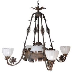 Early 20th Century Iron Chandelier with Fluted Milk Glass Shades