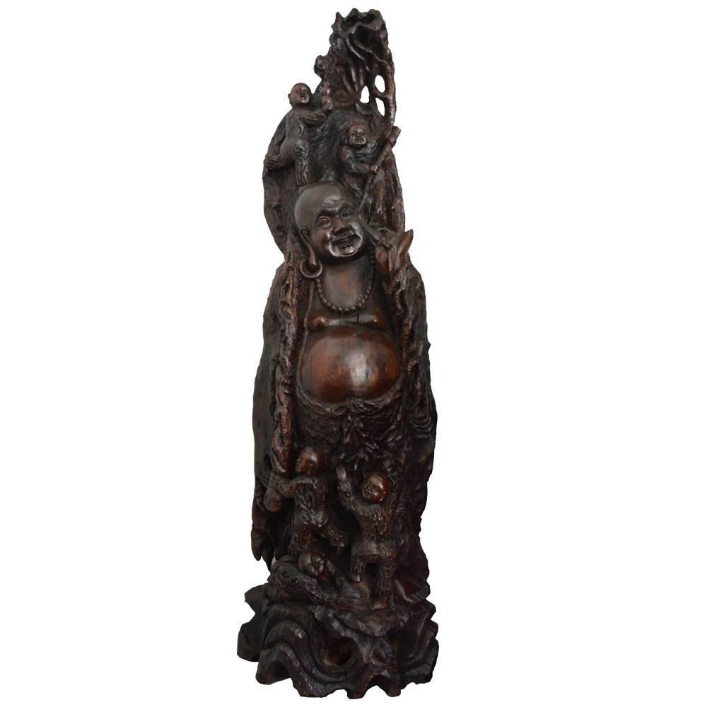 Antique Chinese Large Carved Happy Buddha For Sale