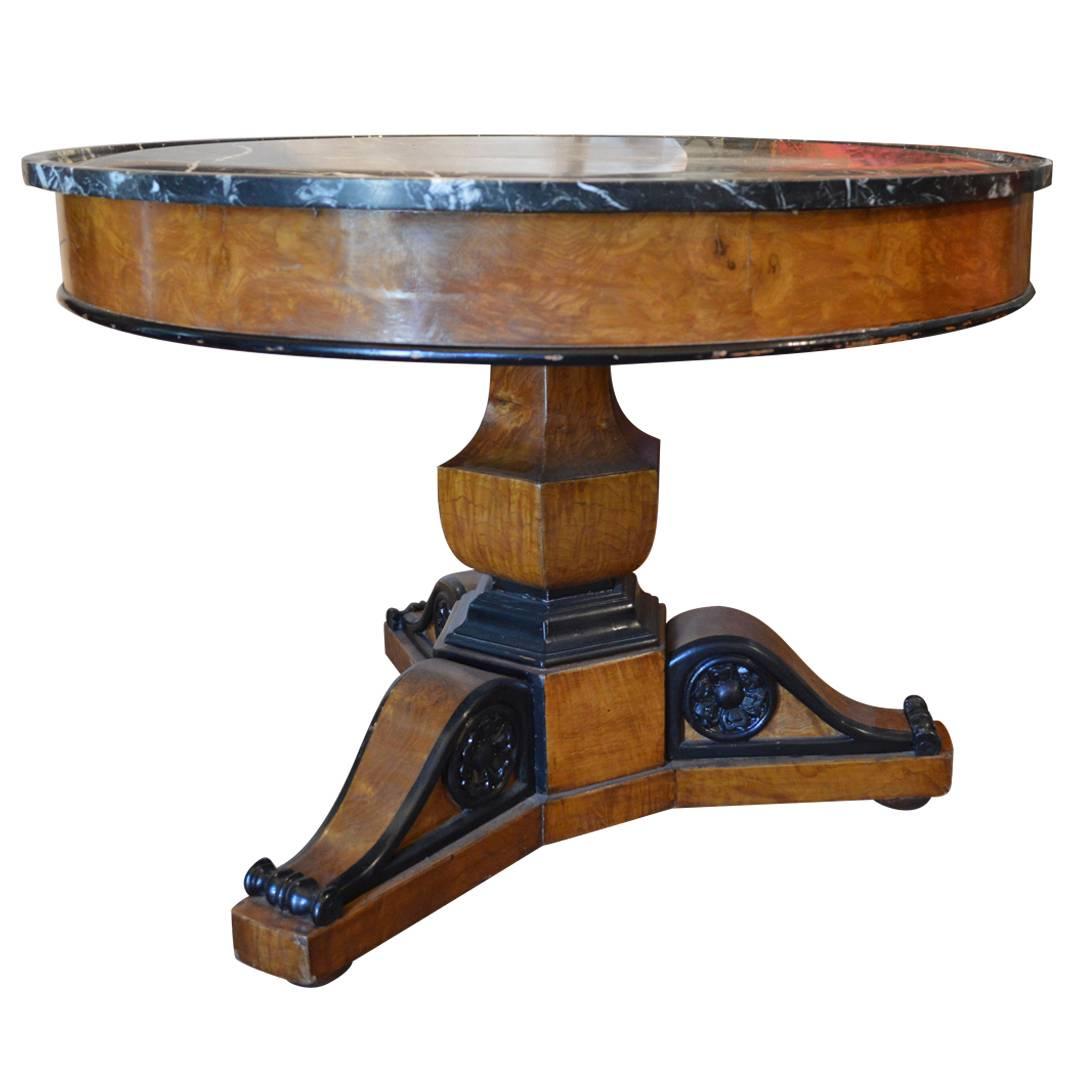 Antique Walnut Burl Wood MarbleTop Pedestal Table with Ebonized Trim