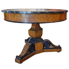 Antique Walnut Burl Wood Marble-Top Pedestal Table with Ebonized Trim