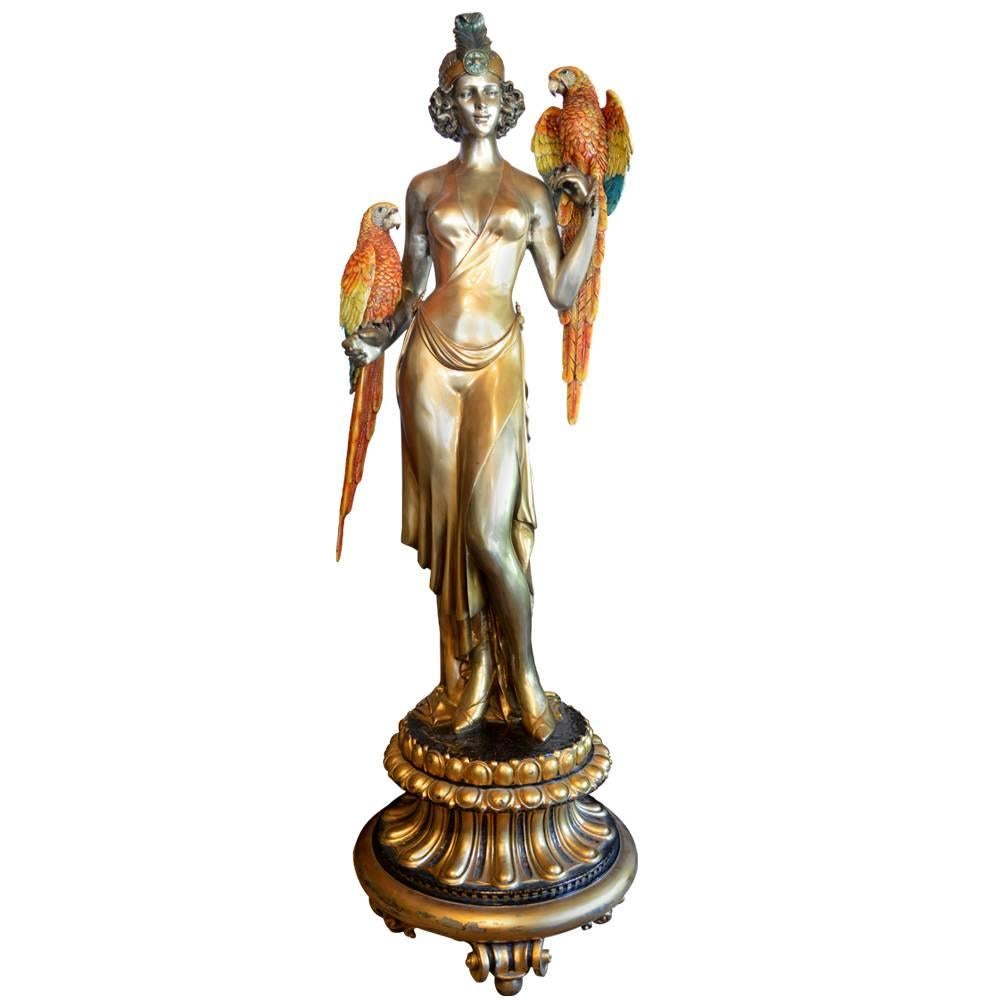 Monumental Bronze Polychrome Signed Statue on Pedestal at 1stDibs