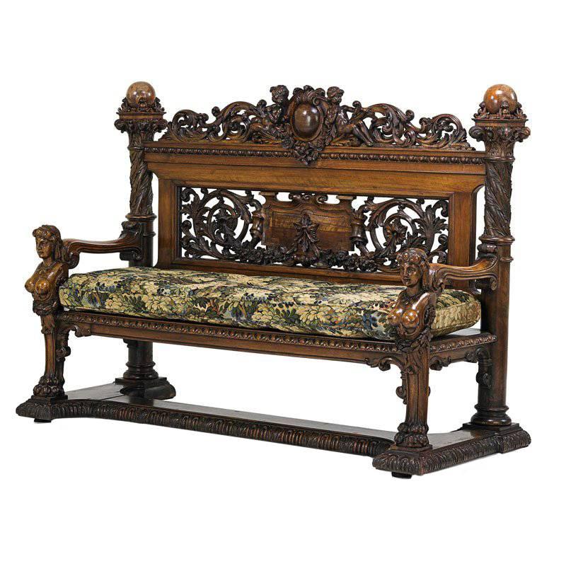 Huge and Incredibly Carved Walnut Hall Bench or Settee with Female Faces For Sale