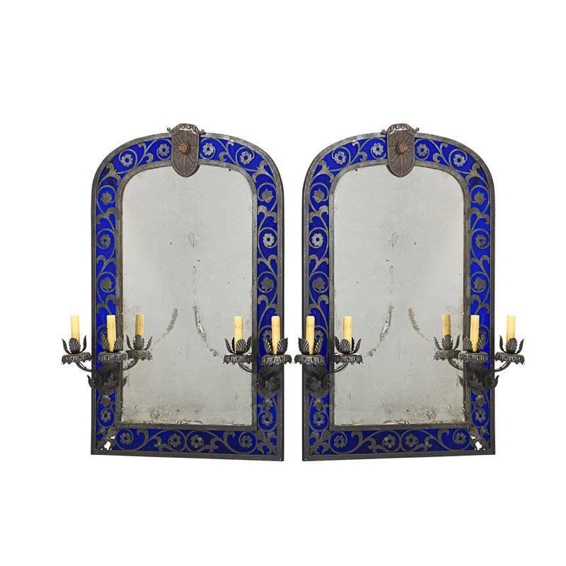  Pair of Renaissance Style Girandole Mirrors with Cobalt Blue Glass