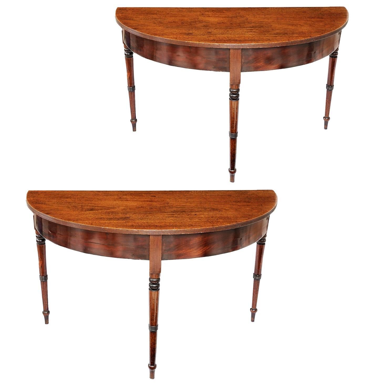 Large Pair of English George III Mahogany Demilune Side Tables, circa 1780 For Sale