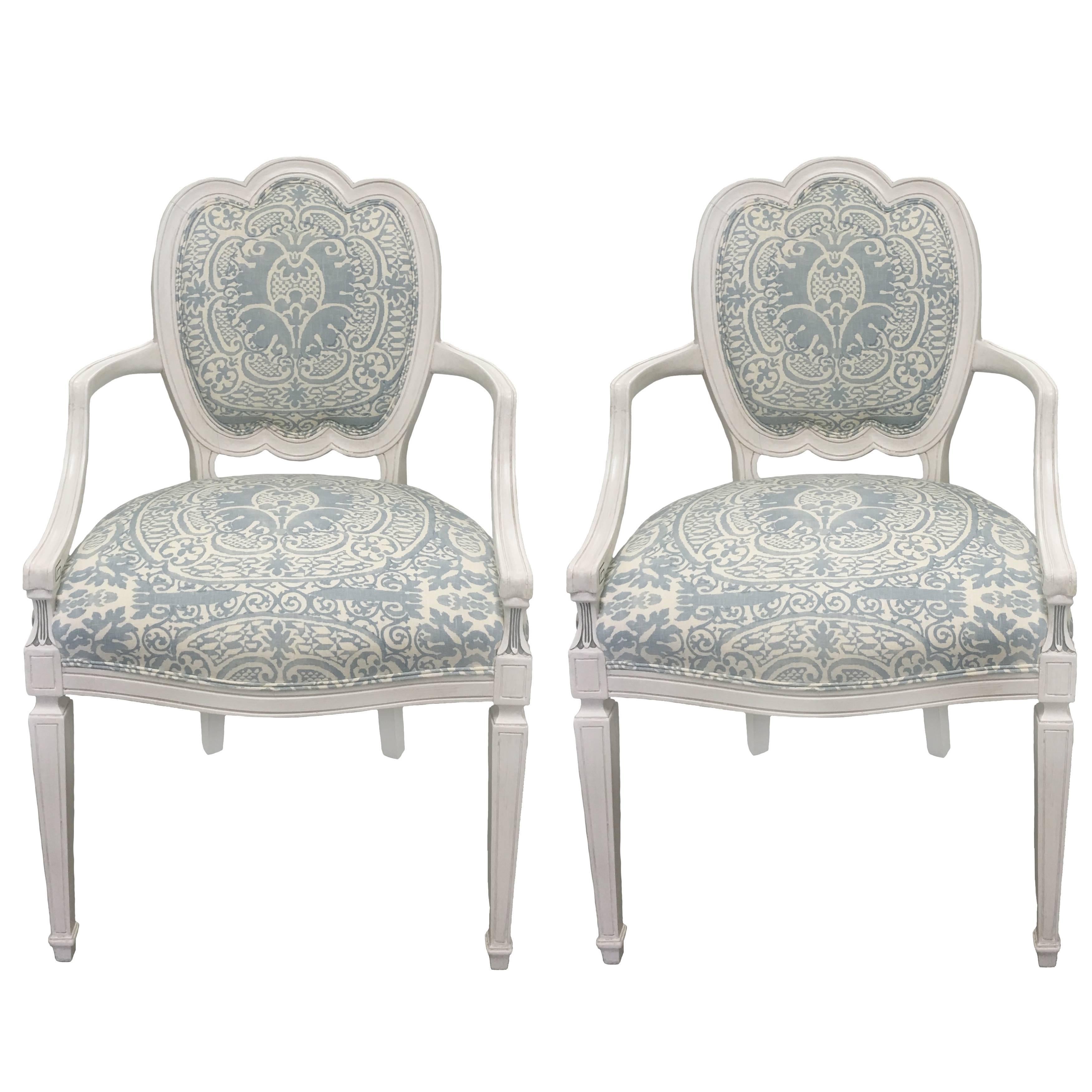 Pair of White Hepplewhite Style Quadrille Upholstered Armchairs