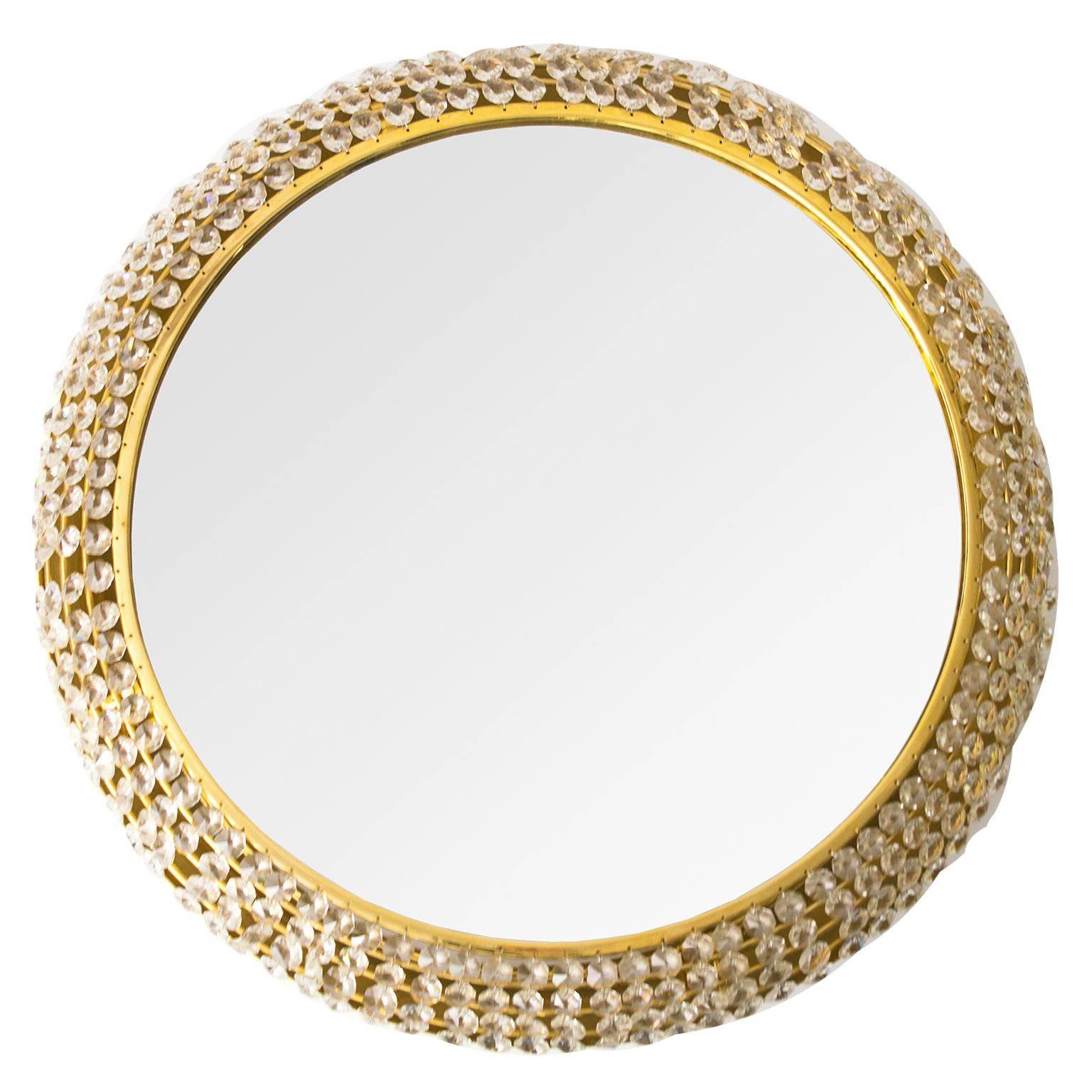 Midcentury Modern Palwa Gilded Brass Round Mirror Decorated with Crystals
