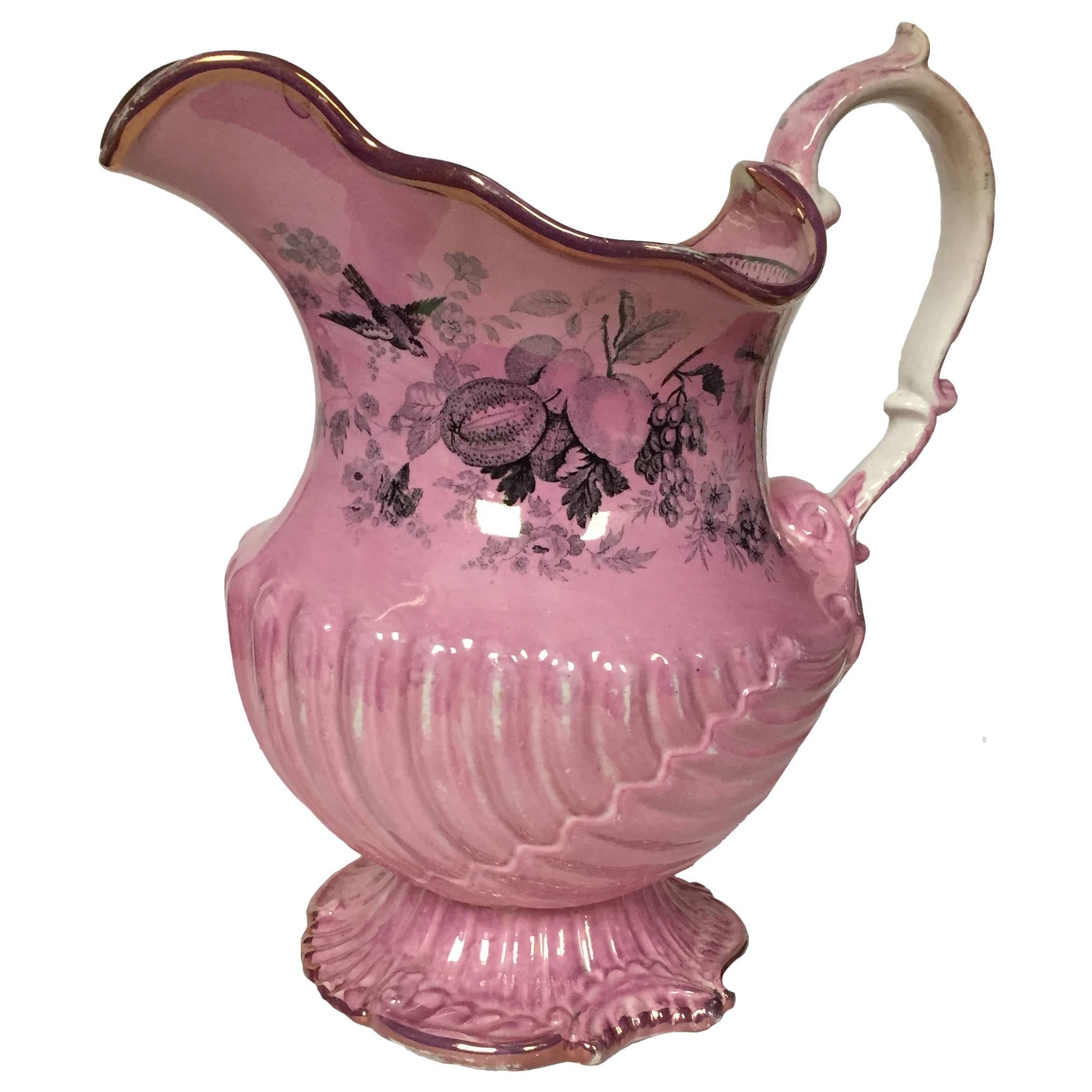 Staffordshire Pottery Transfer-Printed Pink-Lustreware Shell-Shaped Pitcher For Sale