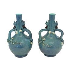 Chinese Pair of Robin's Egg-Blue Porcelain Vases, Dragon Handles