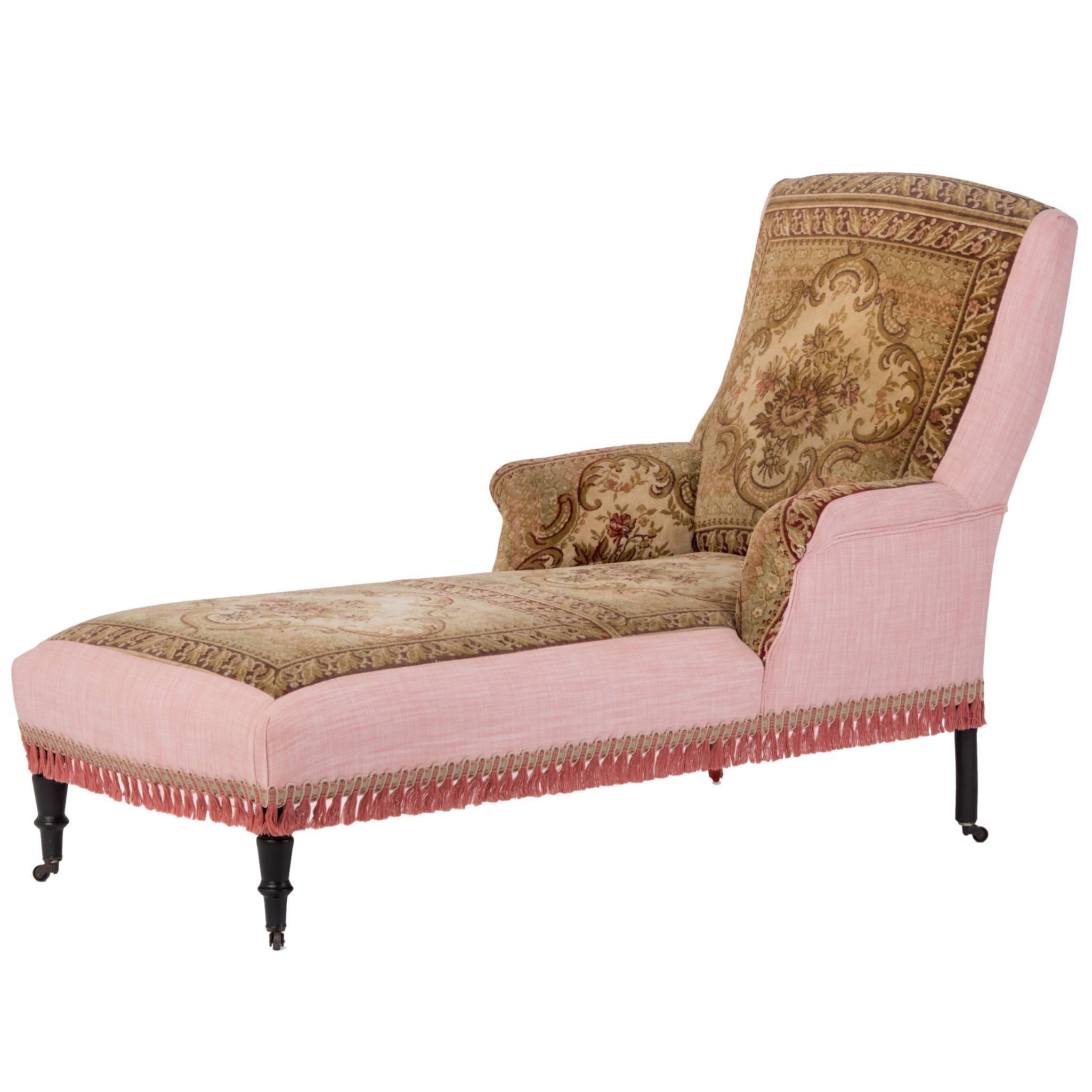 Unique and unusual late 19th century French tapestry faced chaise longue, sympathetically restored retaining its original fabric.

Resting on original flayed and turned legs with original casters.

Gorgeous piece of furniture, would grace any