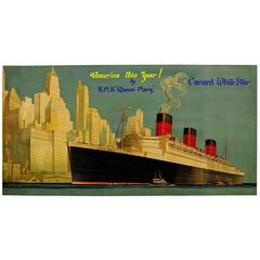 Vintage Very Rare Original 1930s Cunard White Star Queen Mary Poster "America This Year"