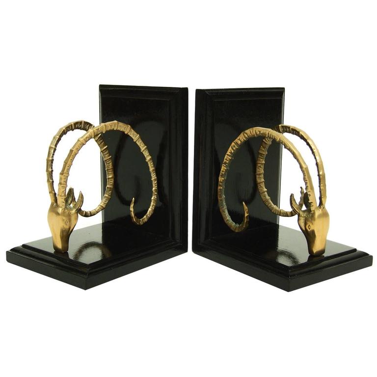 Pair of 1950s Brass Ram's Head Sculptural Bookends For Sale