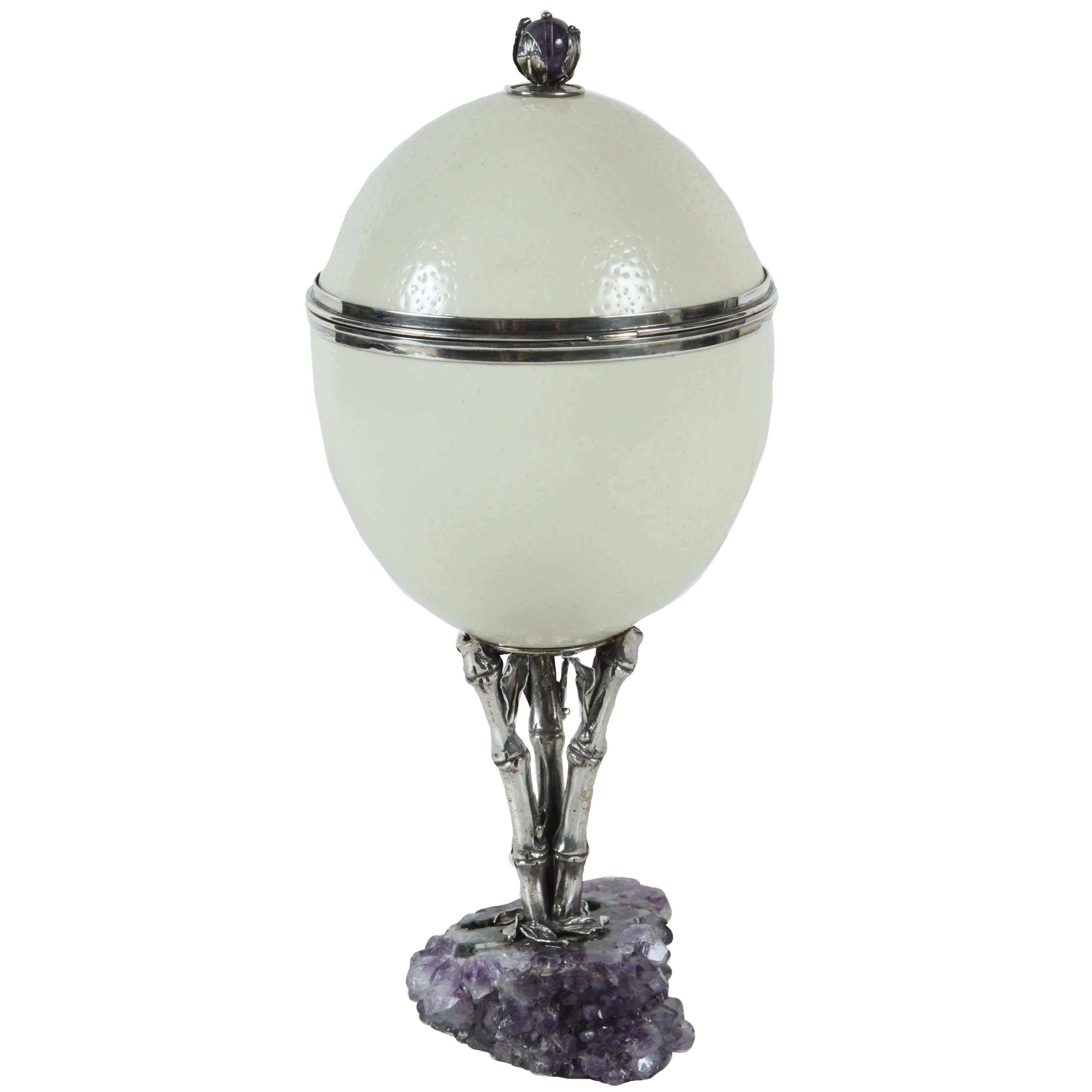 Unique, Ostrich Egg Container on Amethyst Base
