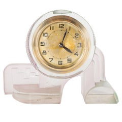 Reloj de Sobremesa o Escritorio Francés de Estilo Art Decó Cubista en Celadón Pálido y Cristal Rosa