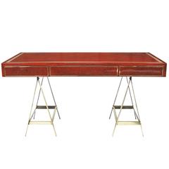 1970s Red Lacquered Albrizzi Desk with Brass Trestle Legs and Inlay
