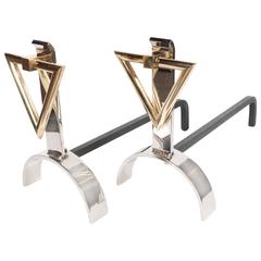 Vintage Chic Pair of Geometric Polished Brass and Nickel Andirons