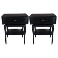 Pair of Mid-Century Modernist Ebonized Walnut Nightstands with Shelf and Drawer