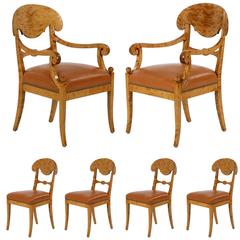 Fine Set of Six Biedermeier Style Birch and Leather Dining Chairs, 20th Century