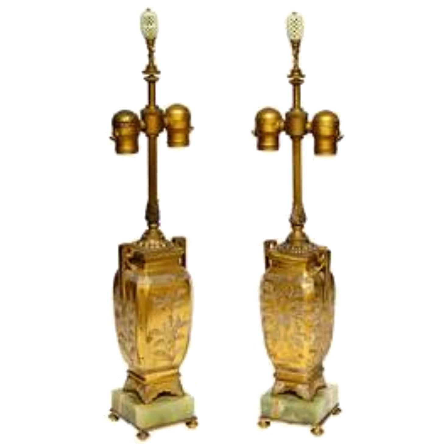 Pair of Etched Gilt Bronze Vases Mounted as Lamps