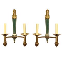 French Empire Style Two-Light Bronze and Tole Wall Sconces