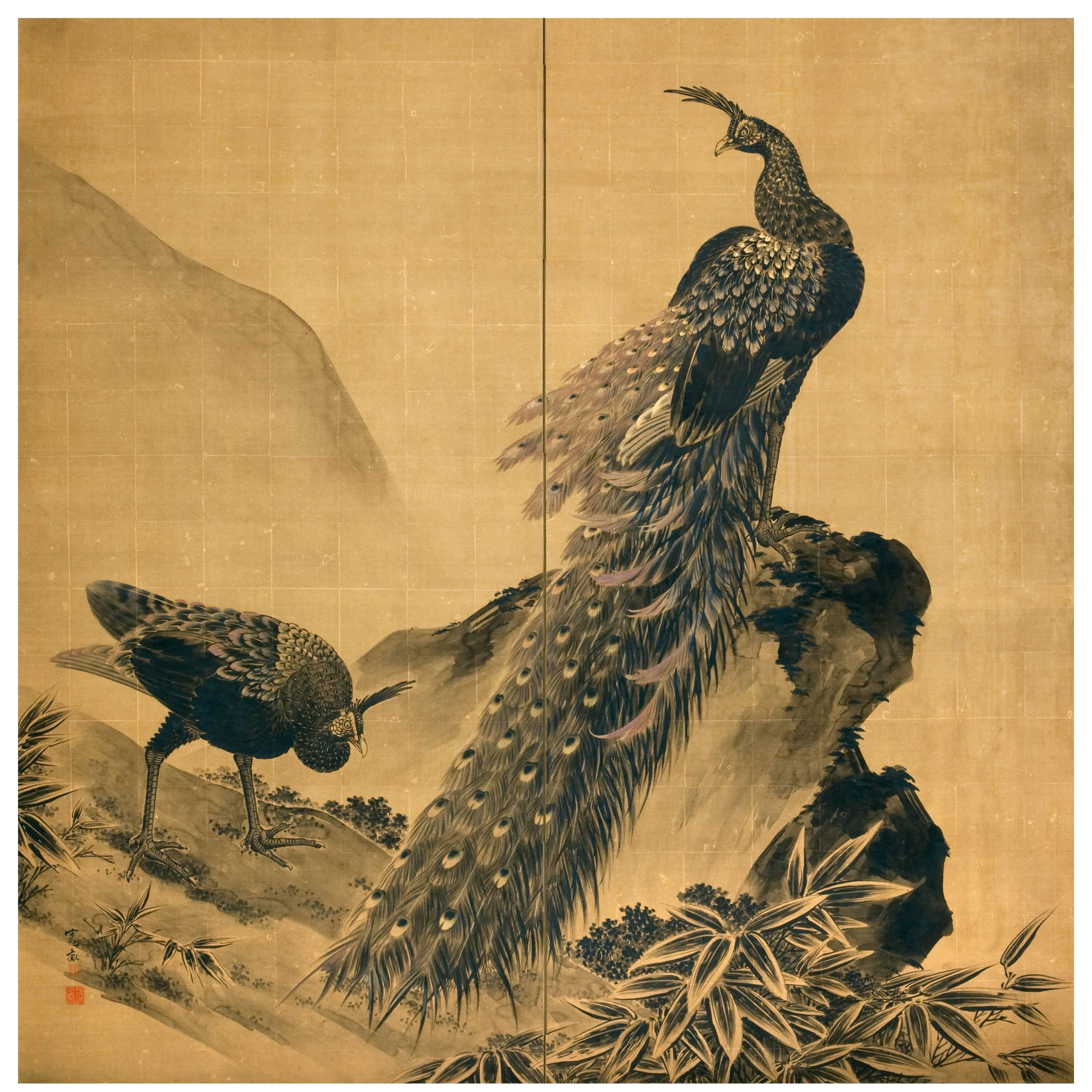 Male and Female Peacock, Two Panel Folding Screen Painting For Sale