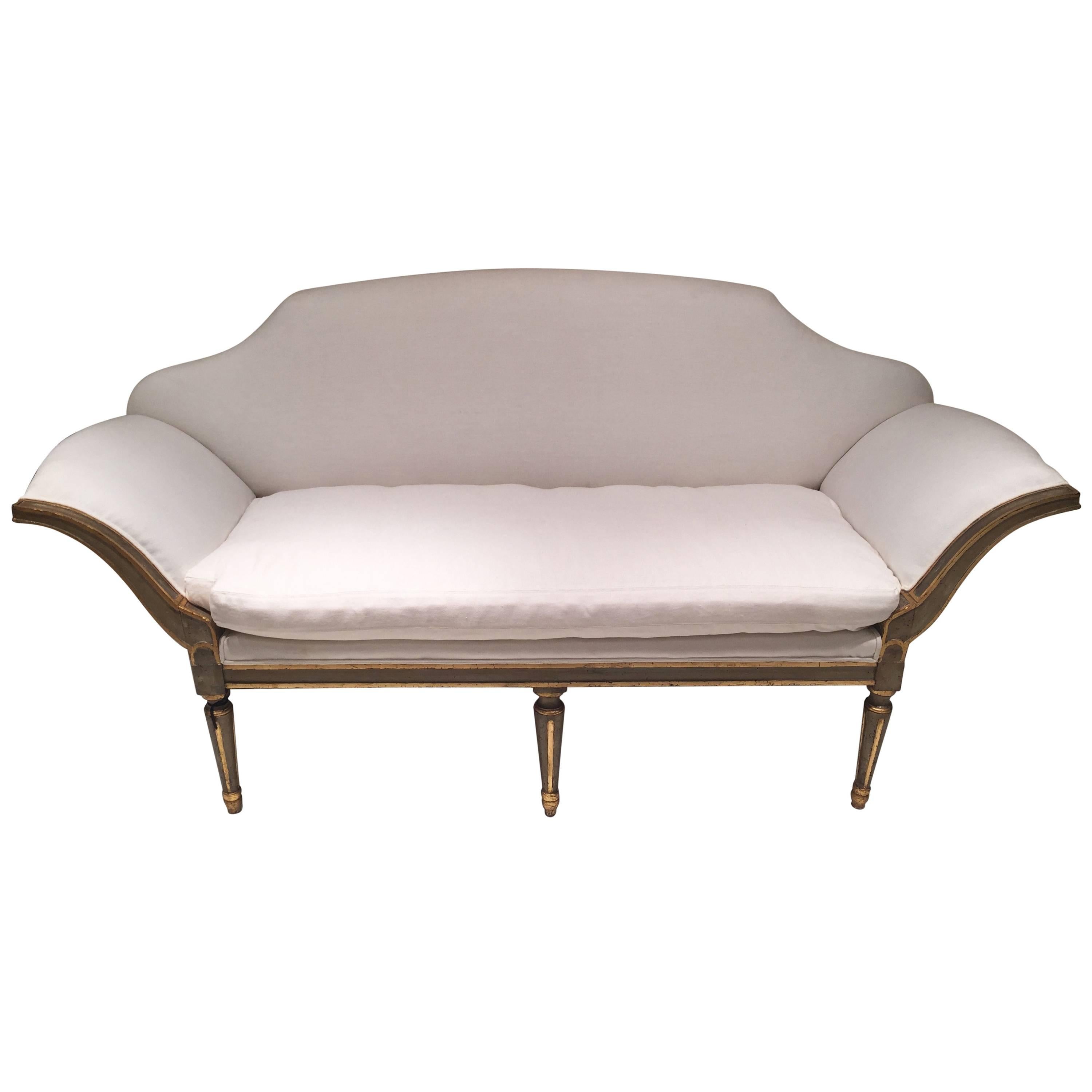Italian Painted Settee Upholstered in White Linen For Sale