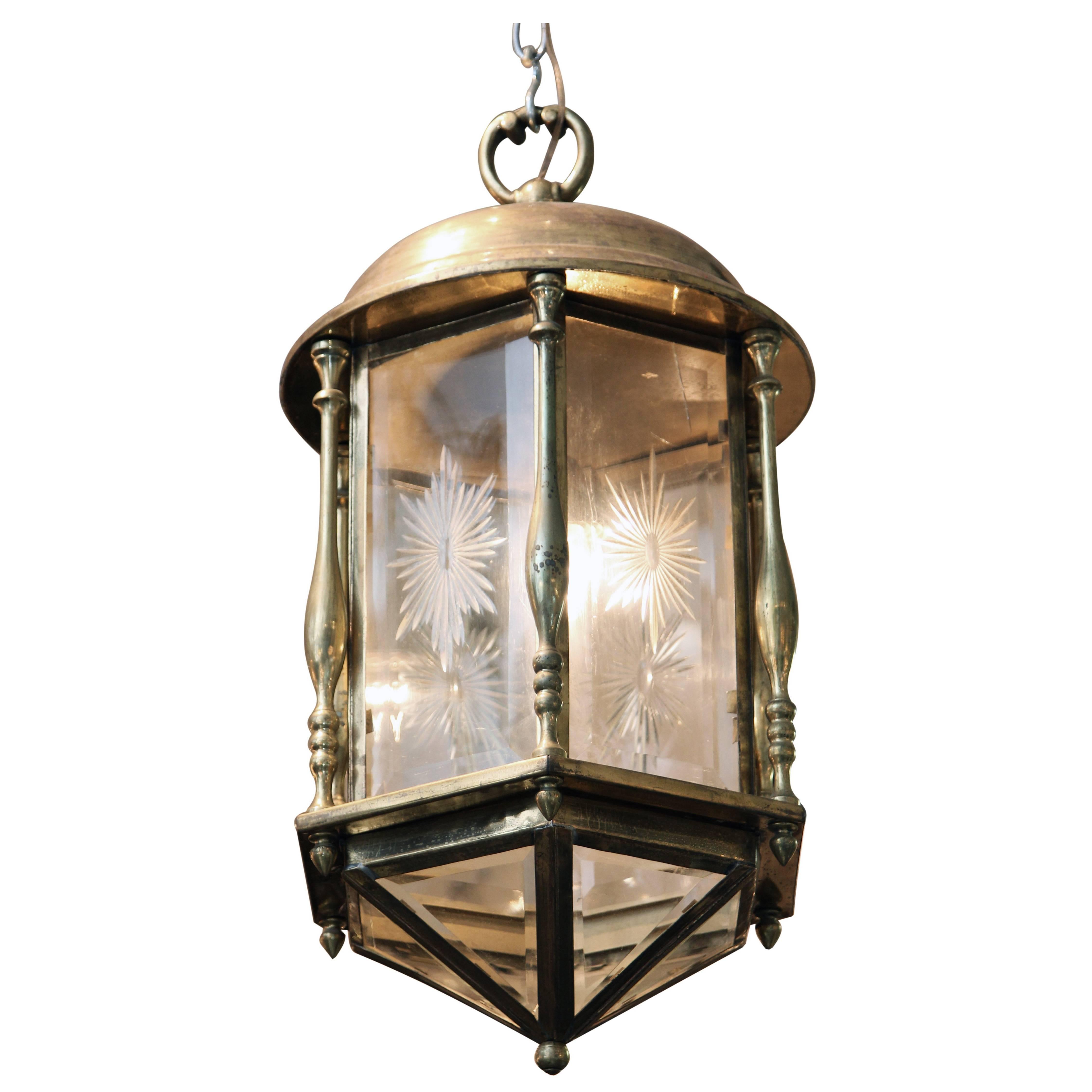 1950s Brass Lantern with Etched and Beveled Glass